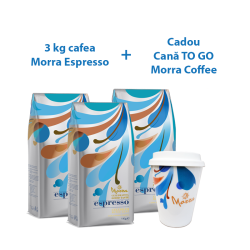 PACHET x 3 Morra Espresso cafea boabe 1kg + CADOU Cana ceramica de cafea Morra TO GO, 330 ml+capac silicon alb